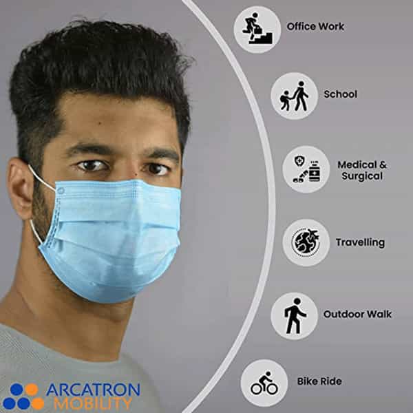 Arcatron Mobility 3 Ply Disposable Surgical Super Breathable Face Mask With Nose Clip | Blue, 50 Pcs