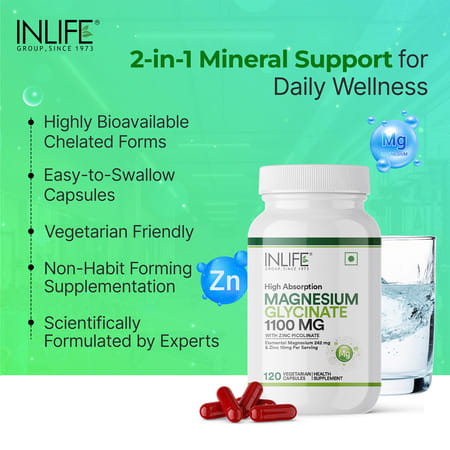 Inlife Magnesium Glycinate Supplement 110Mg With Zinc 10Mg Relaxation Healthy Muscle - 120 Capsules