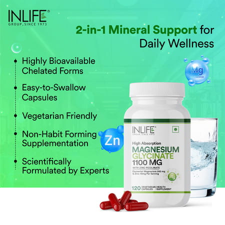 Inlife Magnesium Glycinate Supplement 110mg With Zinc 10mg Relaxation Healthy Muscle - 120 Capsules