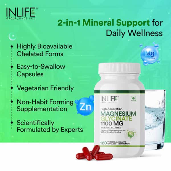 Inlife Magnesium Glycinate Supplement 110Mg With Zinc 10Mg Relaxation Healthy Muscle - 120 Capsules
