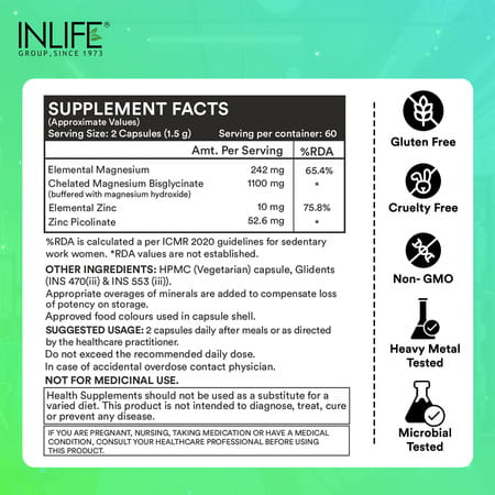 Inlife Magnesium Glycinate Supplement 110Mg With Zinc 10Mg Relaxation Healthy Muscle - 120 Capsules