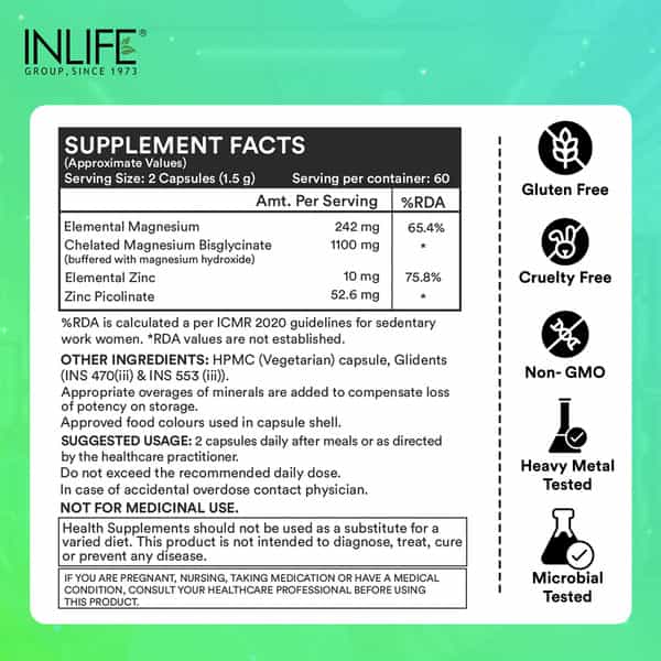Inlife Magnesium Glycinate With Zinc Picolinate For Sleep & Nerve Health - 120 Capsules
