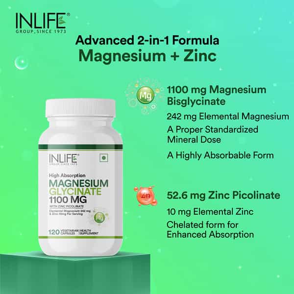 Inlife Magnesium Glycinate Supplement 110Mg With Zinc 10Mg Relaxation Healthy Muscle - 120 Capsules