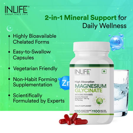 Inlife Magnesium Glycinate Supplement 110mg With Zinc 10mg Relaxation Healthy Muscle - 120 Capsules