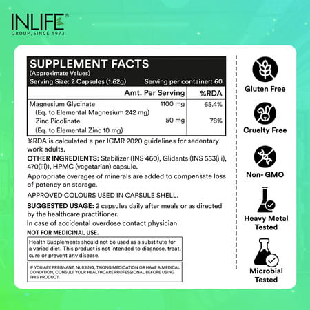 Inlife Magnesium Glycinate Supplement 110mg With Zinc 10mg Relaxation Healthy Muscle - 120 Capsules