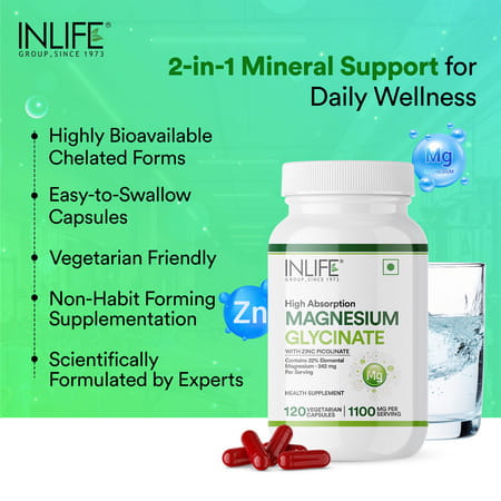 Inlife Magnesium Glycinate Supplement 110mg With Zinc 10mg Relaxation Healthy Muscle - 120 Capsules
