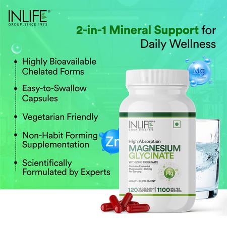 Inlife Magnesium Glycinate Supplement 110mg With Zinc 10mg Relaxation Healthy Muscle - 120 Capsules