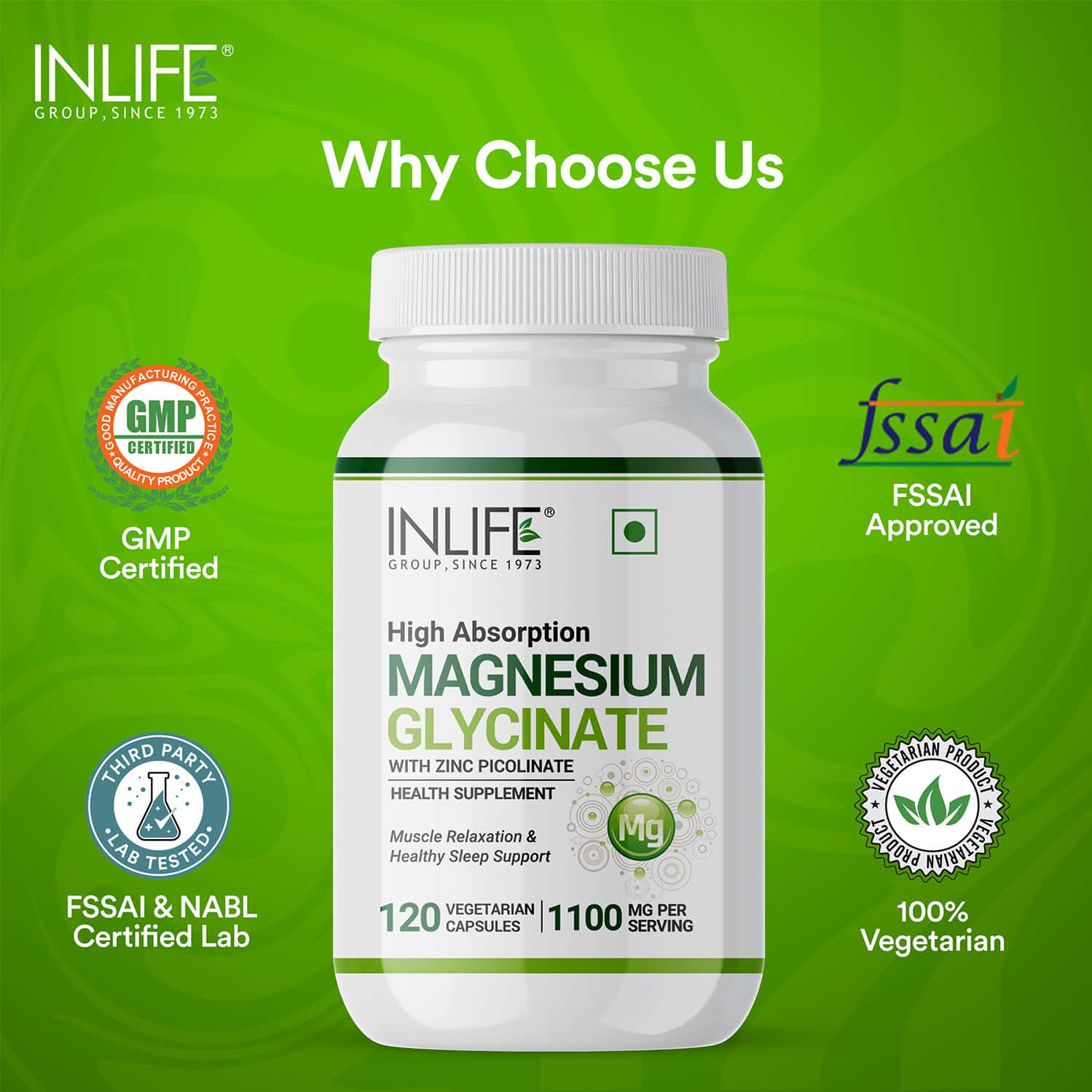 Buy INLIFE MAGNESIUM GLYCINATE SUPPLEMENT 550MG WITH ZINC 10MG RELAXATION HEALTHY MUSCLE120
