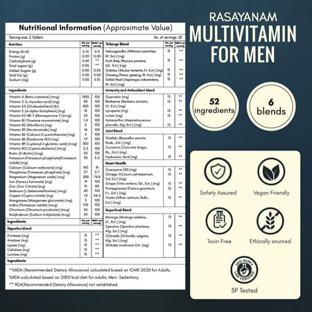 Rasayanam Multivitamin For Men | 52 Ingredients | Energy | Immunity & Health 180 Tablets (Pack Of 3)
