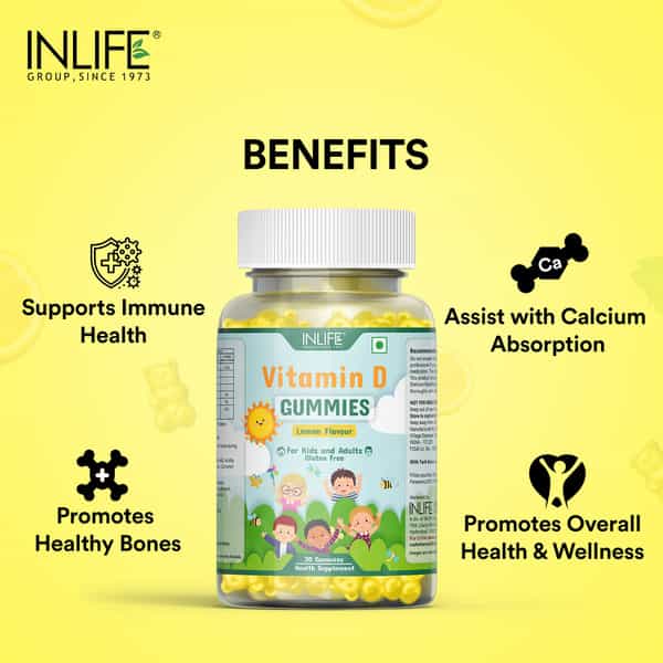 Inlife Vitamin D Gummies For Kids Men Women Adults For Bone &Muscle Health-30 Lemon Flavour Gummies