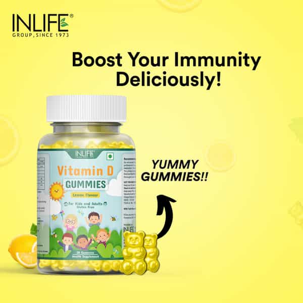 Inlife Vitamin D Gummies For Kids Men Women Adults For Bone &Muscle Health-30 Lemon Flavour Gummies