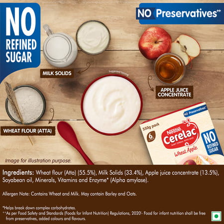 Nestl Cerelac Wheat Apple Baby Food Cereal With No Refined Sugar & For 6 To 24 Months Baby 350 Gm