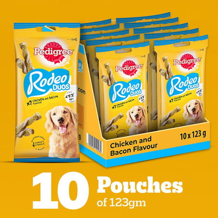 Pedigree Rodeo Duos (4+ Months) Dog Treats | Chicken & Bacon Flavour | 123 G (Pack Of 10)