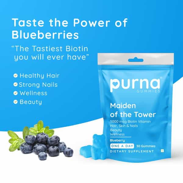 Purna Gummies 5000Mcg Biotin Blueberry Gummies With Vitamin B12 For Hair Skin & Nail 30 Gummies