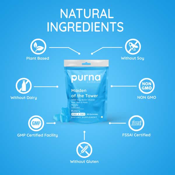Purna Gummies 5000Mcg Biotin Blueberry Gummies With Vitamin B12 For Hair Skin & Nail 30 Gummies