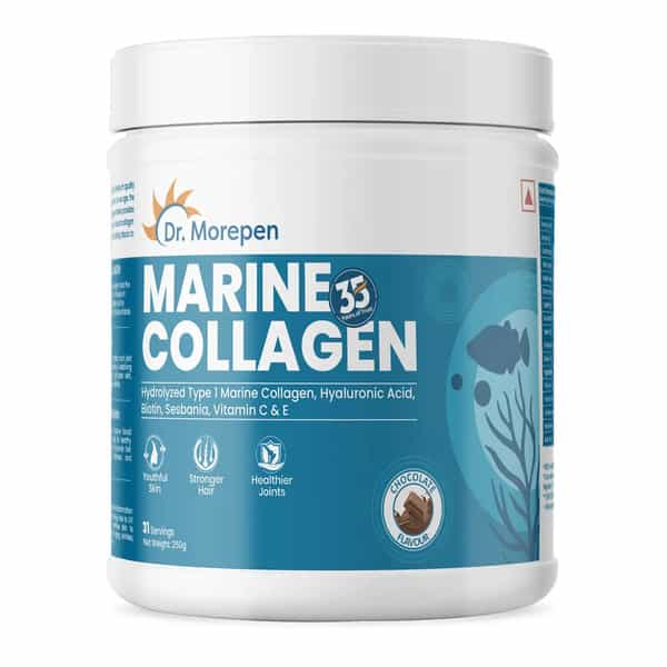 Dr. Morepen Marine Collagen Chocolate Protein Powder 250Gm & Biotin + Advanced 60 Tablet | Combo