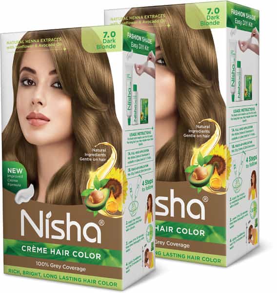 Nisha Creme Hair Color 7.0 Dark Blonde 150G Pack Of 2 | Permanent Hair Colour | 100% Grey Coverage