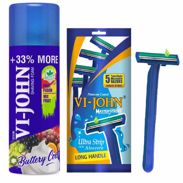 Vi-John Combo Pack Of Master Stroke Razor Set Of 5 & Fruit Fusion Shaving Foam 400Ml