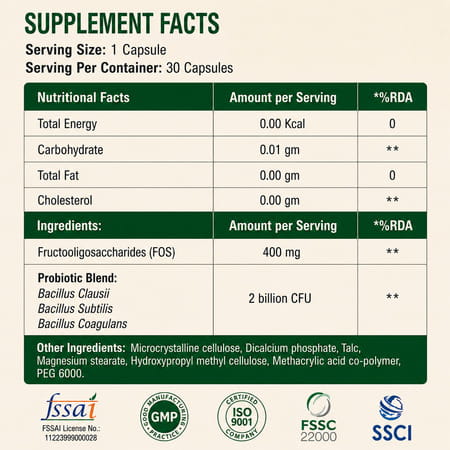 Aora Gut-Guard Probiotic Capsules|Snz Tribac Multi-Strain Probiotics With Fos Prebiotics|30 Capsules
