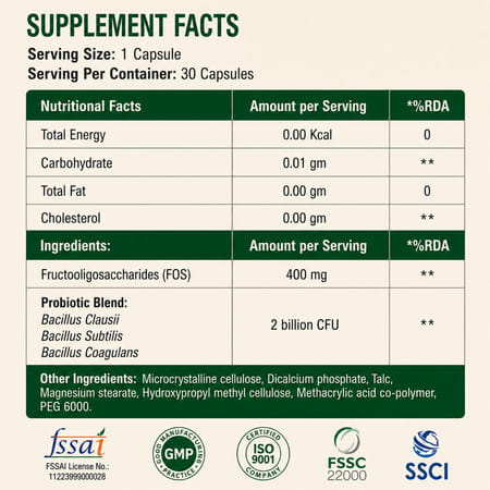 Aora Gut-Guard Probiotic Capsules|Snz Tribac Multi-Strain Probiotics With Fos Prebiotics|30 Capsules
