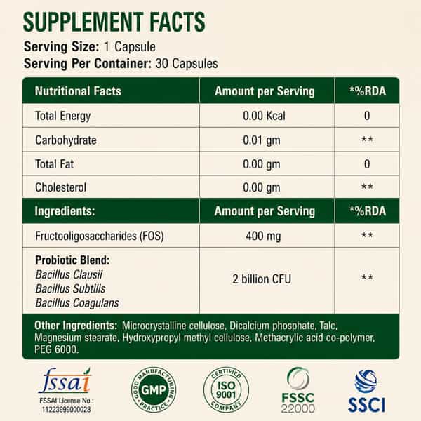 Aora Gut-Guard Probiotic Capsules|Snz Tribac Multi-Strain Probiotics With Fos Prebiotics|30 Capsules