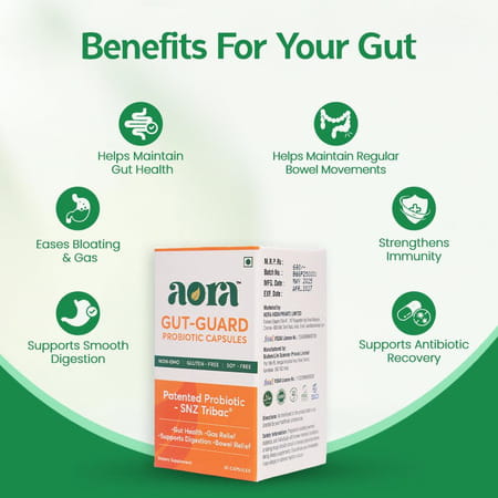 Aora Gut-Guard Probiotic Capsules|Snz Tribac Multi-Strain Probiotics With Fos Prebiotics|30 Capsules