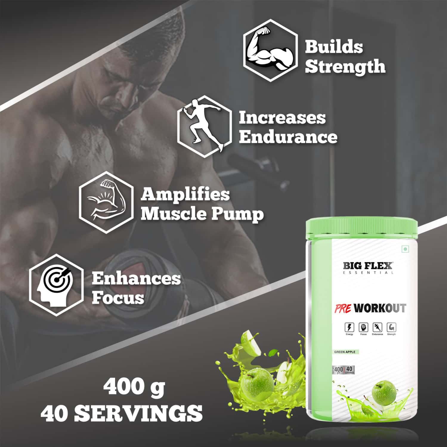 Buy BIGFLEX ESSENTIAL PRE WORKOUT (GREEN APPLE) (400GM) JAR Online
