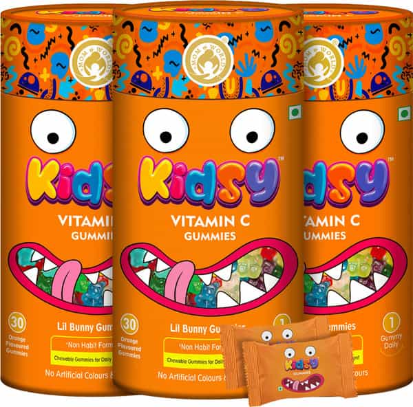 Mom & World Kidsy Vitamin C Gummies For Kids- 30 (Orange Flavoured) Gummies (Pack Of 3)