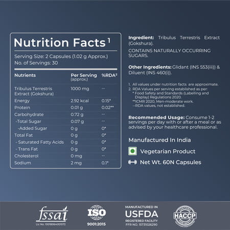 Nutrabay Wellness Tribulus Terrestries (Gokshura) - 1000Mg 60 Veg Capsules