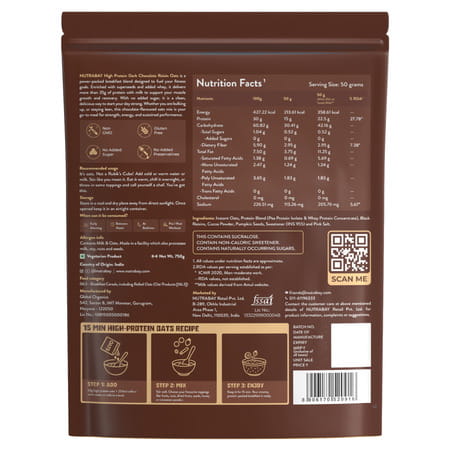 Nutrabay High Protein Oats - 750gm | Dark Chocolate Flavour | No Added Sugar