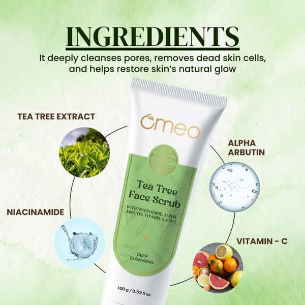 Omeo Tea Tree Face Scrub | Remove Dead Skin Cells & Dirt | Control Excess Oil | Blackheads (100G)