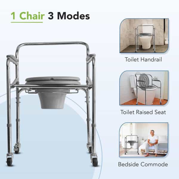 Everactiv Commode Chair With Wheel | Chrome Finish