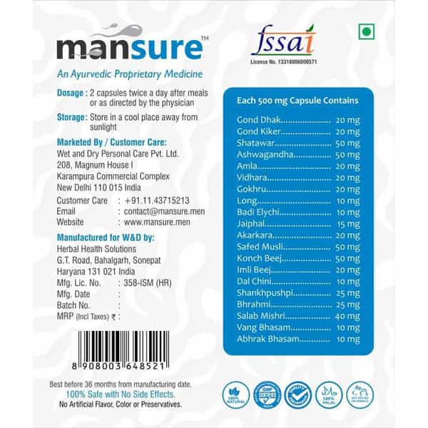 Mansure Ayurvedic Male Health Supplement - 1 Box (100 Capsules)