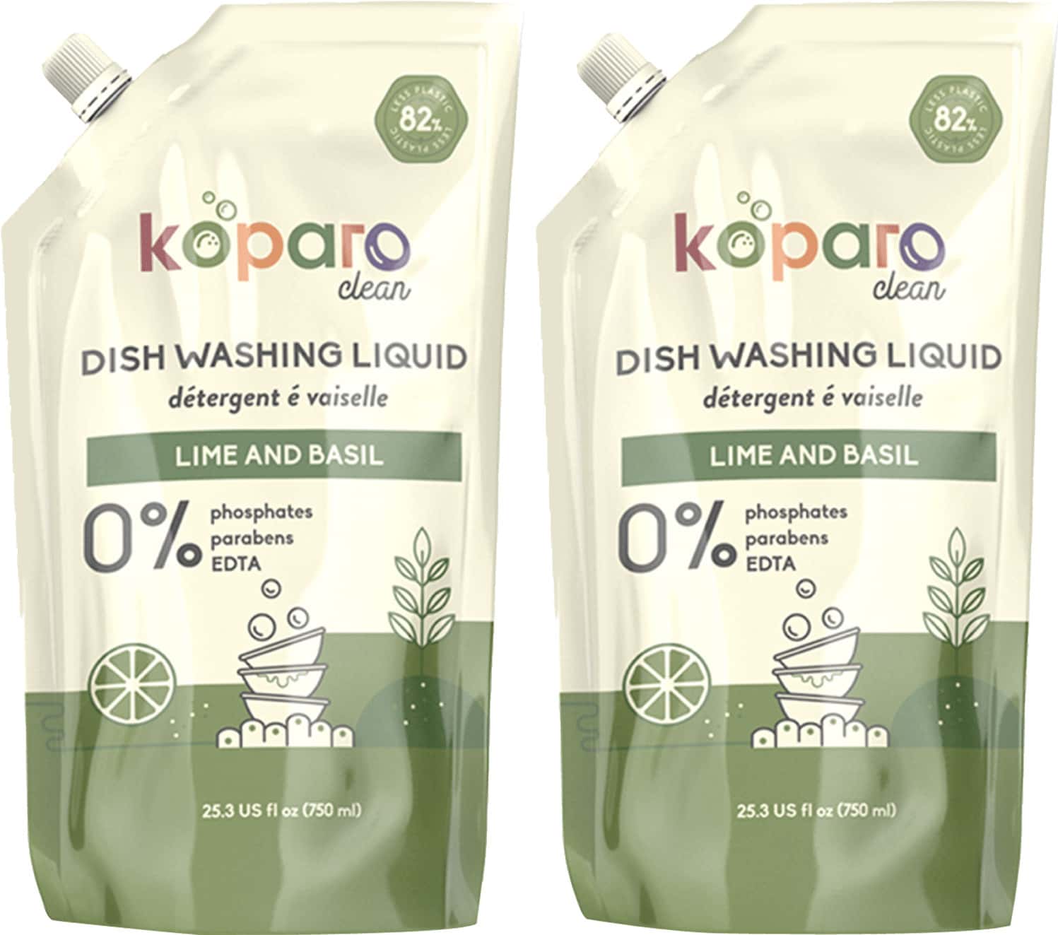 Koparo Dishwashing Liquid With Lime And Basil, Plant Based, Baby & Pet Safe|Refill Pack - 750 Ml X 2