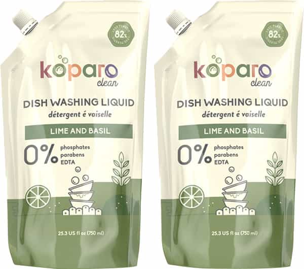 Koparo Dishwashing Liquid With Lime And Basil, Plant Based, Baby & Pet Safe|Refill Pack - 750 Ml X 2