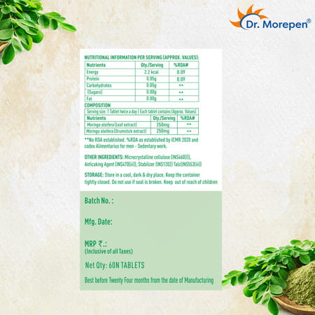 Dr. Morepen Moringa Leaf & Drum Stick Extract | Tablets | 60 No'S