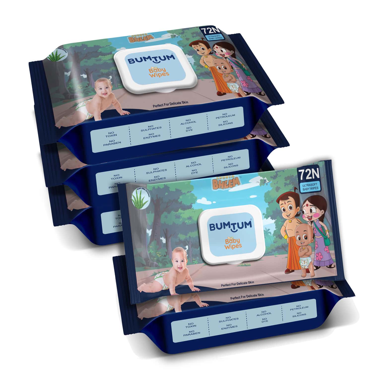 Bumtum Baby Chota Bheem Wet Wipes With Lid Aloe Vera | Paraben Free | 72 Nos (Pack Of 5)