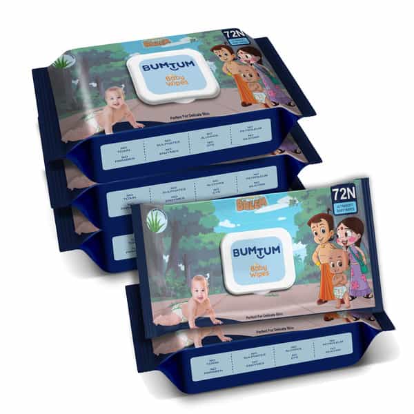 Bumtum Baby Chota Bheem Wet Wipes With Lid Aloe Vera | Paraben Free | 72 Nos (Pack Of 5)