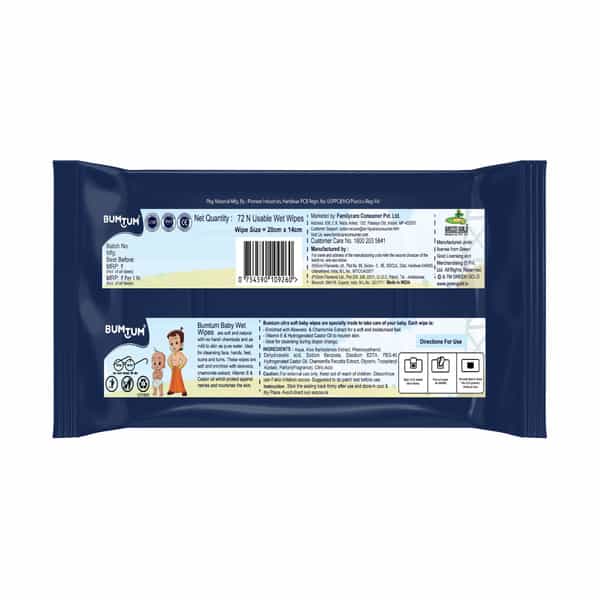 Bumtum Baby Chota Bheem Wet Wipes With Lid Aloe Vera | Paraben Free | 72 Nos (Pack Of 5)