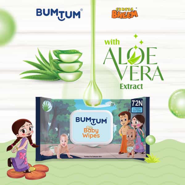 Bumtum Baby Chota Bheem Wet Wipes With Lid Aloe Vera | Paraben Free | 72 Nos (Pack Of 5)