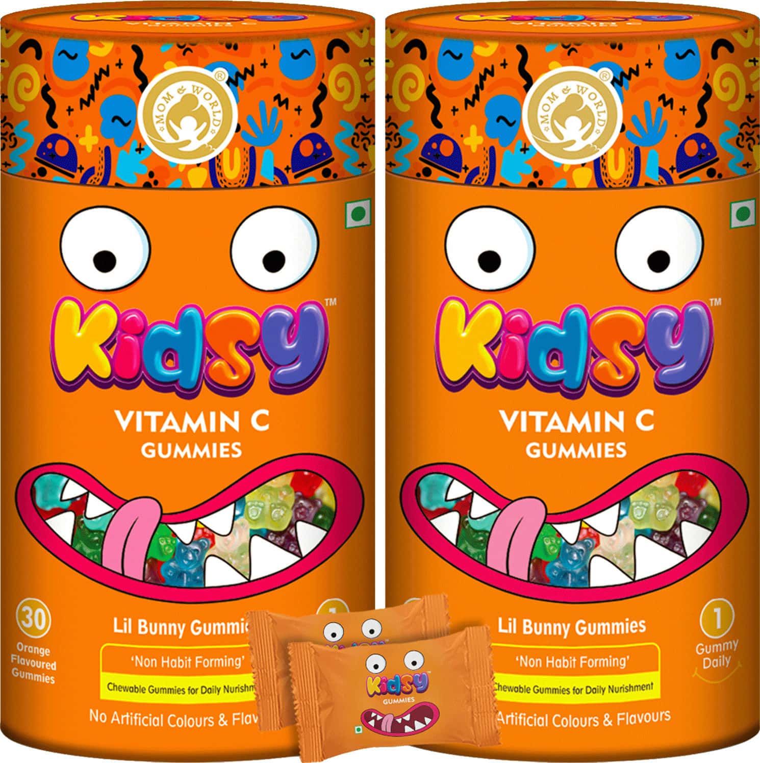 Mom & World Kidsy Vitamin C Gummies For Kids- 30 (Orange Flavoured) Gummies (Pack Of 2)