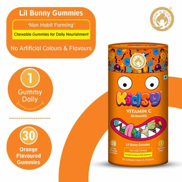 Mom & World Kidsy Vitamin C Gummies For Kids- 30 (Orange Flavoured) Gummies (Pack Of 2)