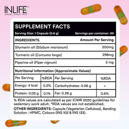 Inlife Silymarin Oil Capsules 200mg | Turmeric & Piperine | Milk Thistle Extract | Unisex | Veg 60n