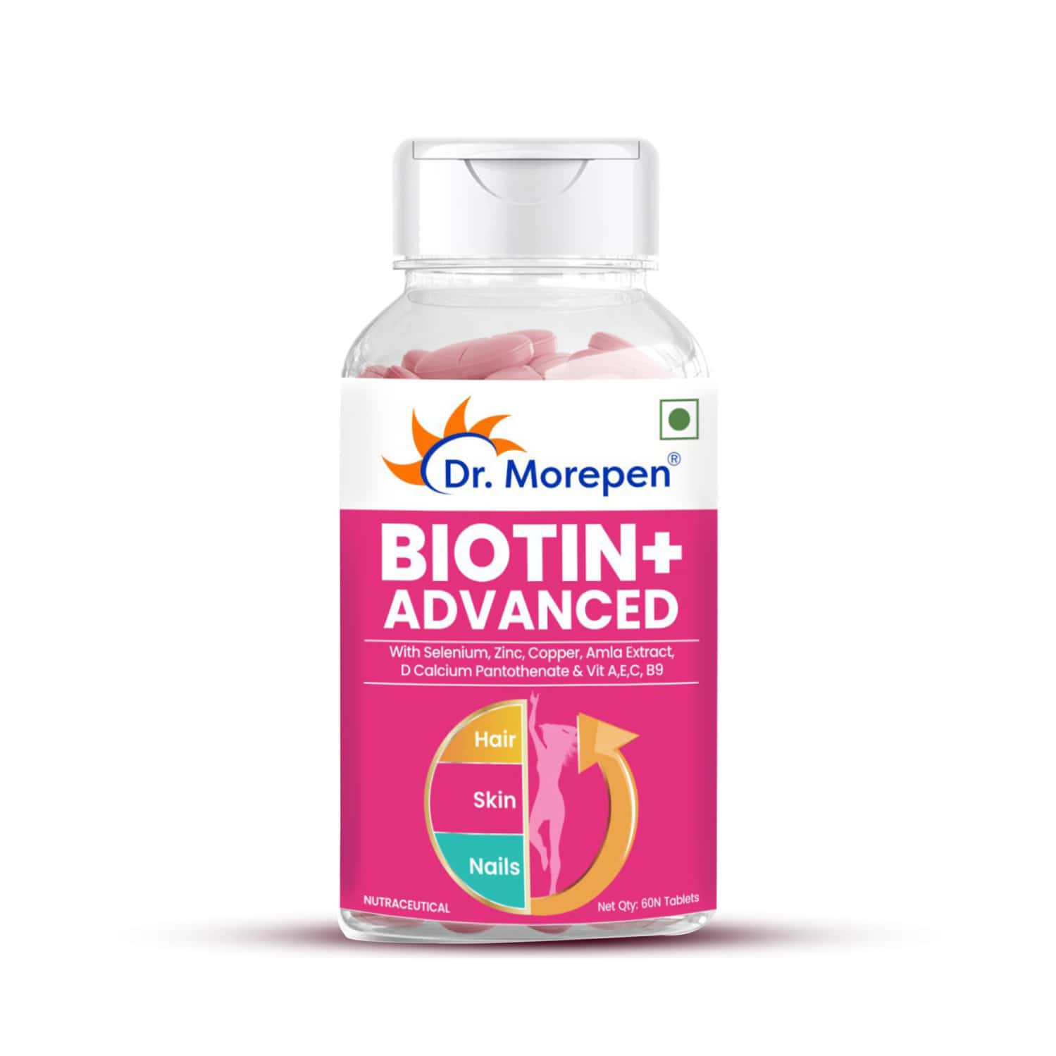 Dr. Morepen Biotin+ Advanced | For Hair Skin & Nails | Veg Tablets | 60 No's