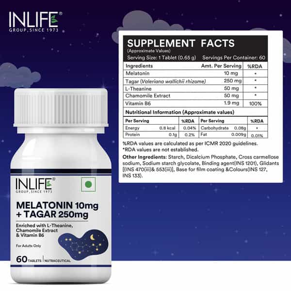 Inlife Melatonin 10Mg With Tagar 250Mg | May Support Restful Sleep | Relaxation | 60 Tablets