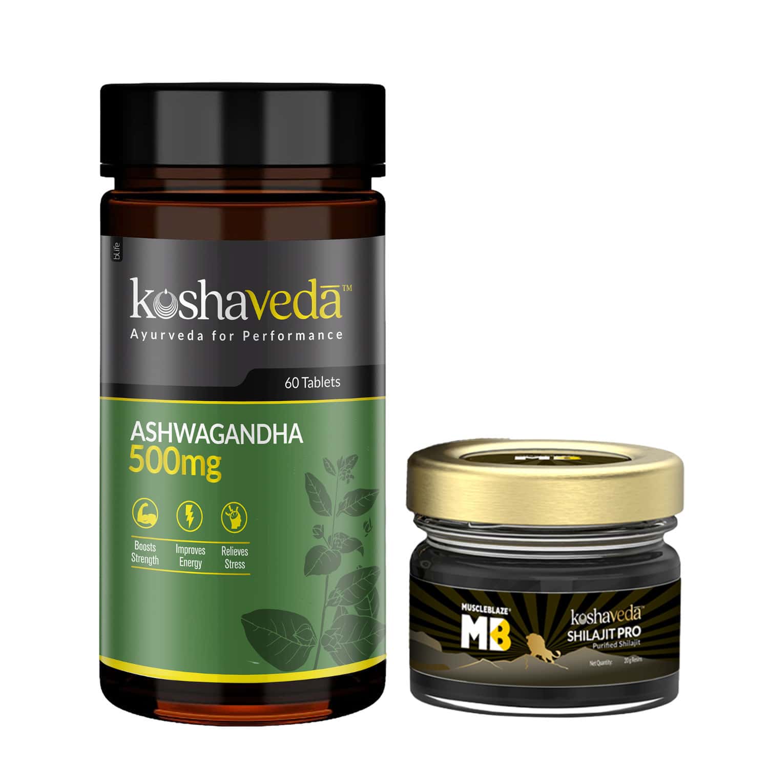 Muscleblaze Koshaveda Ashwagandha 500mg | 60 Tablets With Shilajit Pro | 20 G Resin | For Immunity