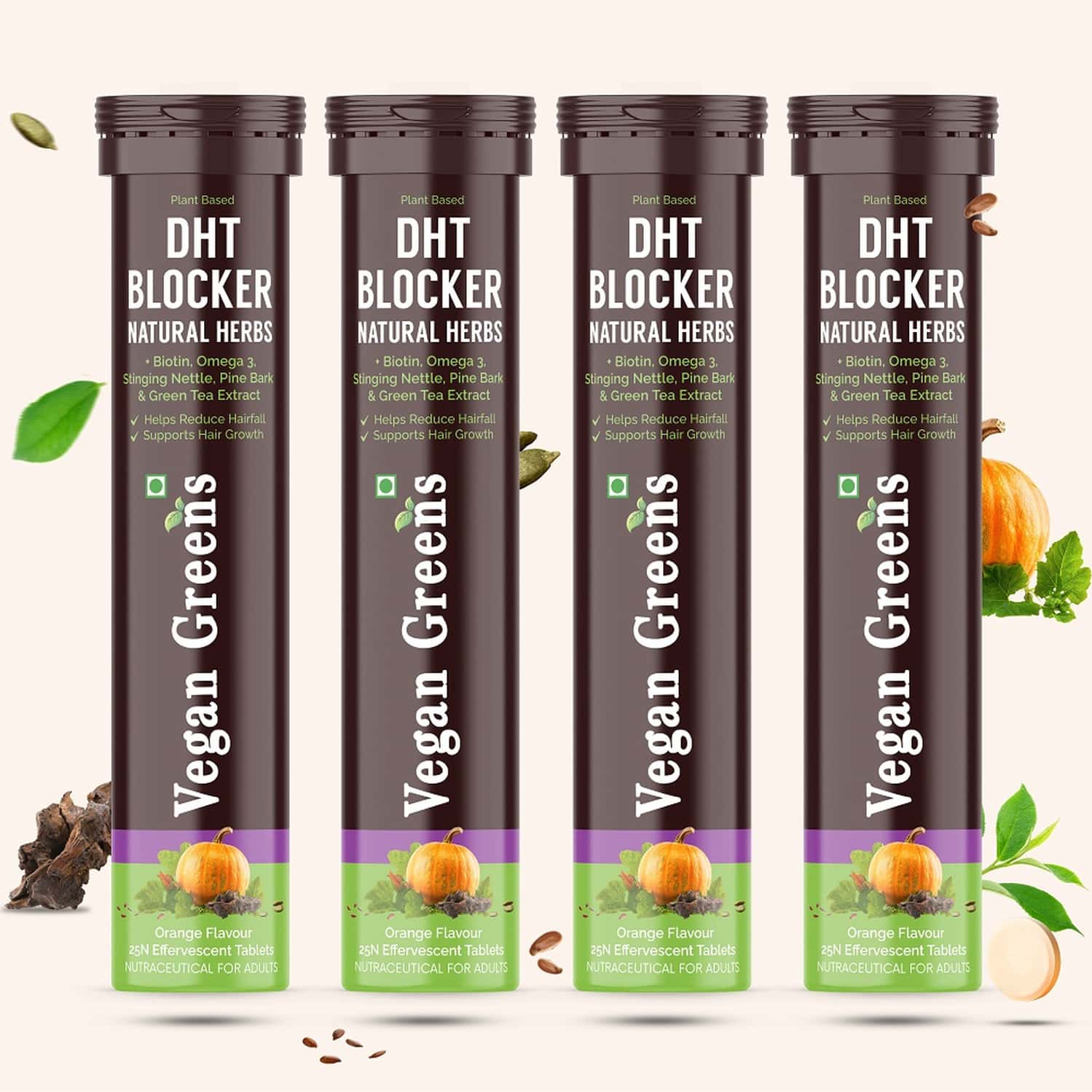 Vegan Greens Plant Based Dht Blocker With Biotin, Omega 3, Stinging Nettle & More. 100effer., Orange
