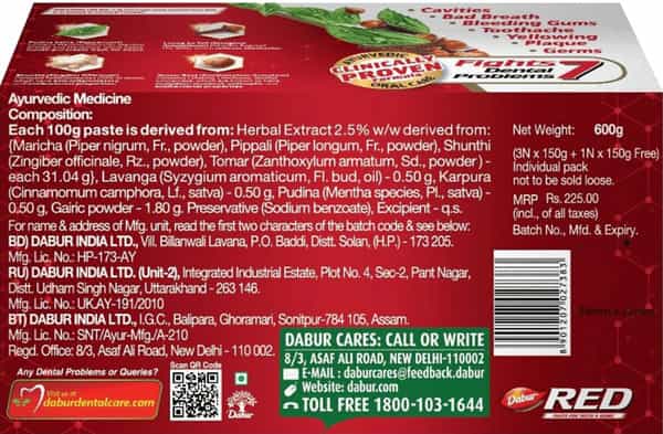 Dabur Red Toothpaste - 600G (Buy 3 Get 1 Free - 150G)