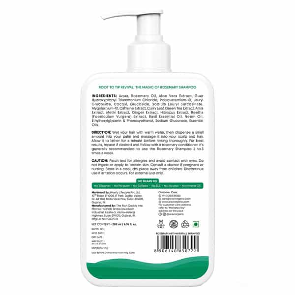 Aravi Organic Rosemary Anti-Hairfall Hair Shampoo - Strengthens Hair - 200Ml