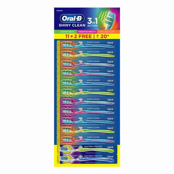 Oral-B 3 In1 Action Free 2 Bacteria Fighter Medium Shiny Clean Toothbrush 11 No's